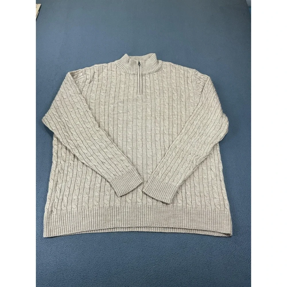 Lands' End Sweater Mens XL Beige Cable-Knit Mock Neck 1/4 Zip Wool Pullover